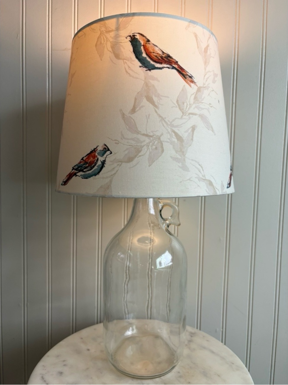 Glass Bottle Jug Table Lamp Birds & Leaves Drum Shade Upcycled Country Farmhouse - Picture 14 of 14